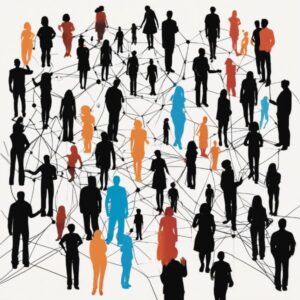 Silhuetas de pessoas conectadas por linhas que representam as plataformas do Fediverso, transmitindo a ideia de comunidade e interação.